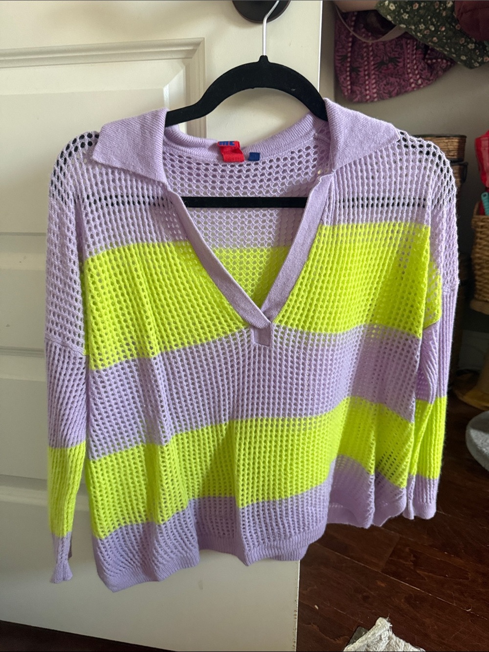 Cashmere Open-Knit V-Neck Sweater in Lavender and Neon Yellow Stripe